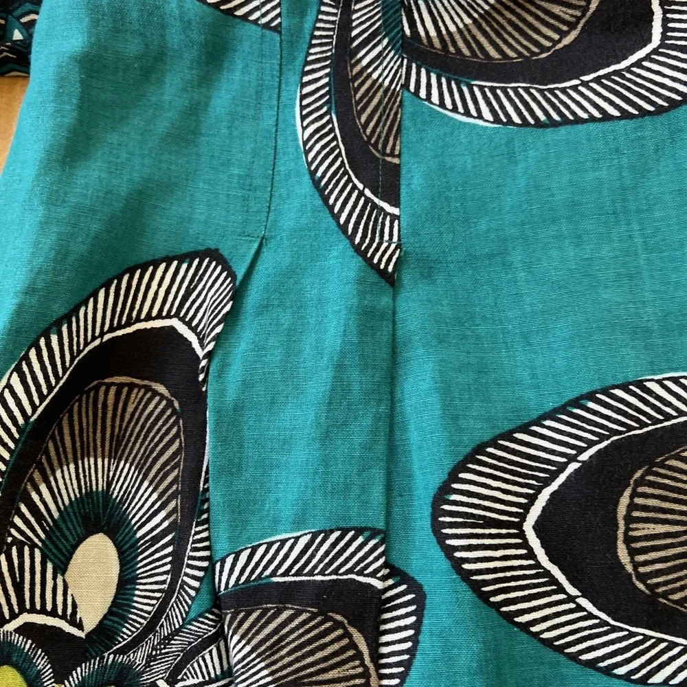 East 5th A-Line Skirt Sz 10 Boho Linen Blend Teal Floral Belt Pleated‎ Tie Belt